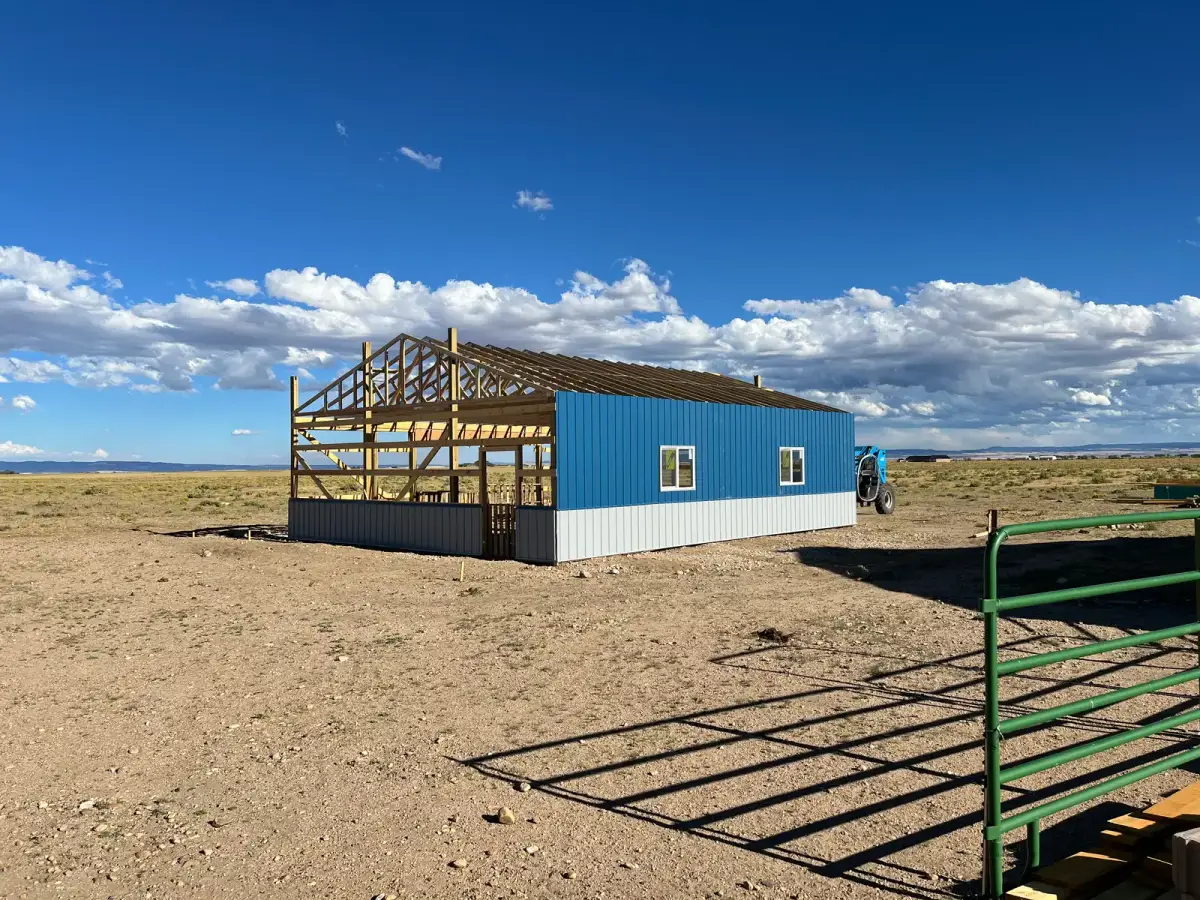 Blue siding on one wall of an outbuilding while the front wall and roof framing remain exposed.